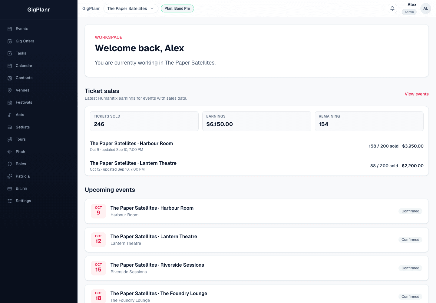Example GigPlanr workspace showing ticket sales, upcoming shows and team navigation