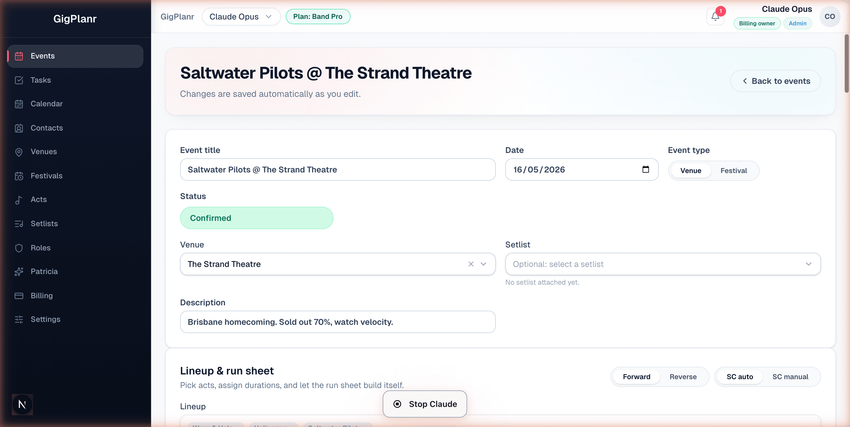 Event detail with lineup and run sheet builder