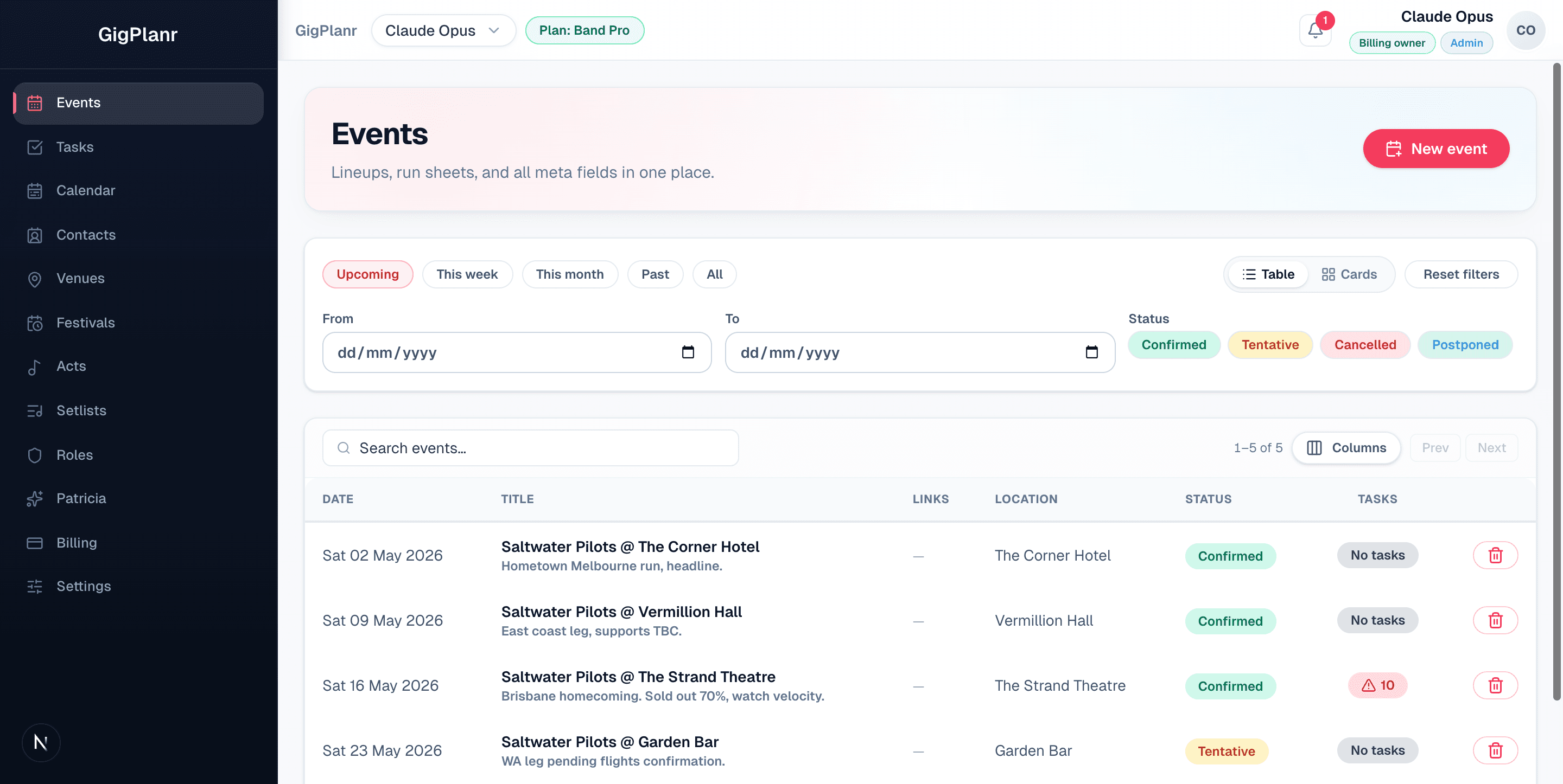 Events list with filters, statuses, and task counts