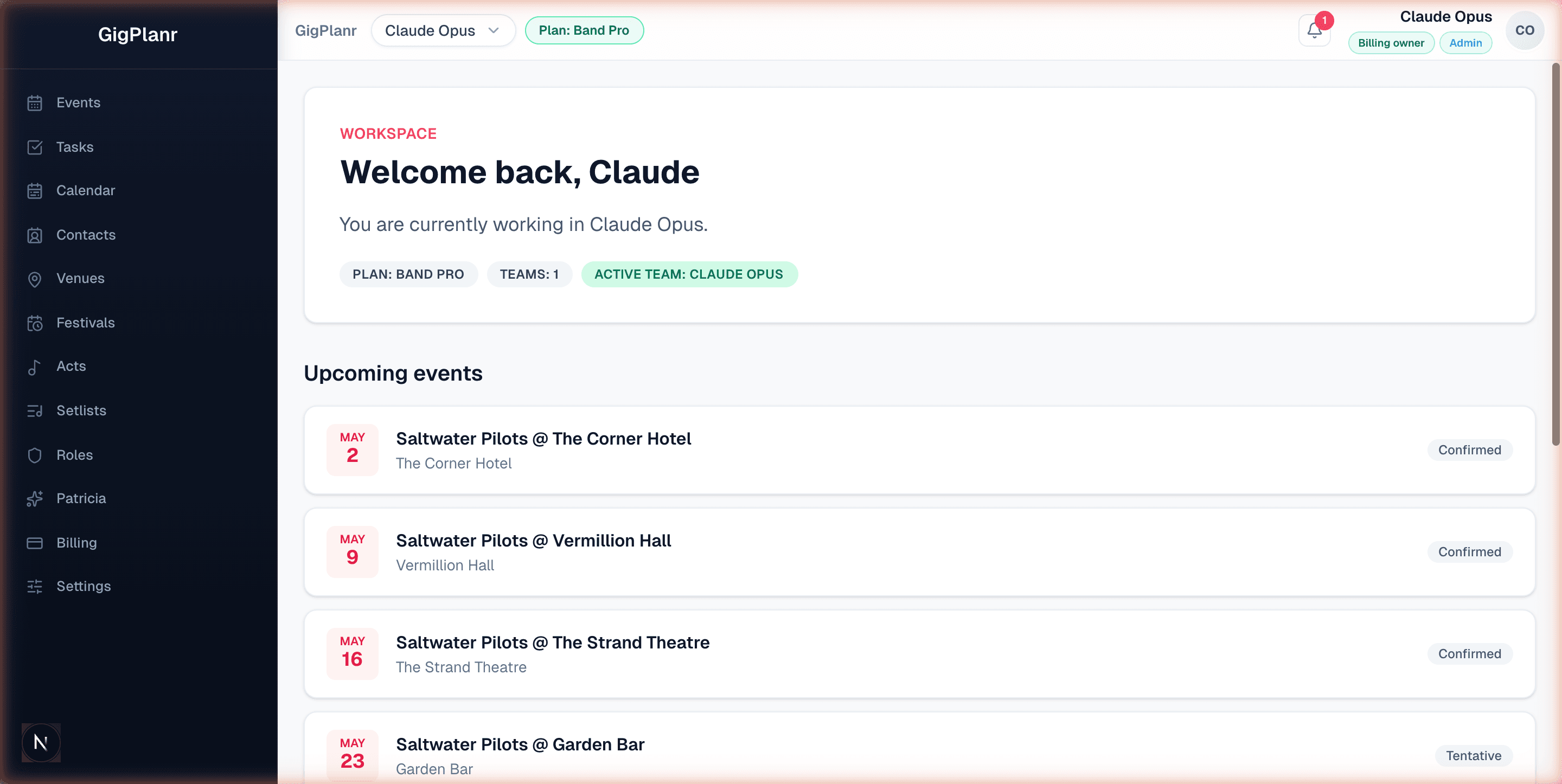 GigPlanr dashboard showing upcoming events