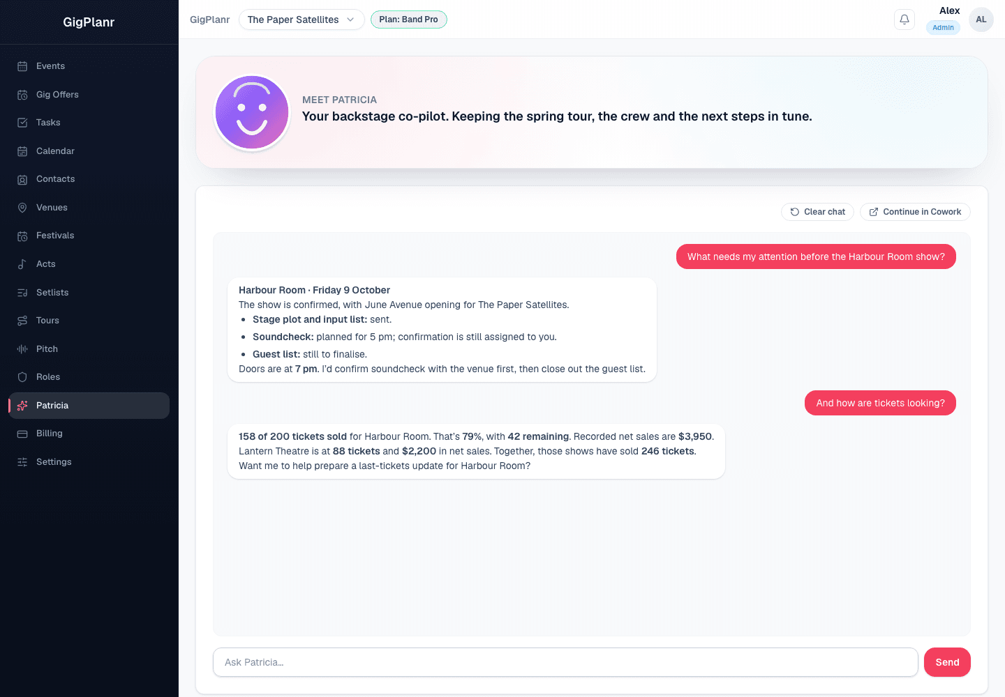 Example Patricia conversation with Alex about show preparation and ticket sales for The Paper Satellites
